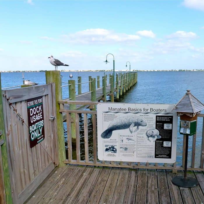 Watch for Manatees sign on a dock in Port Salerno Florida.