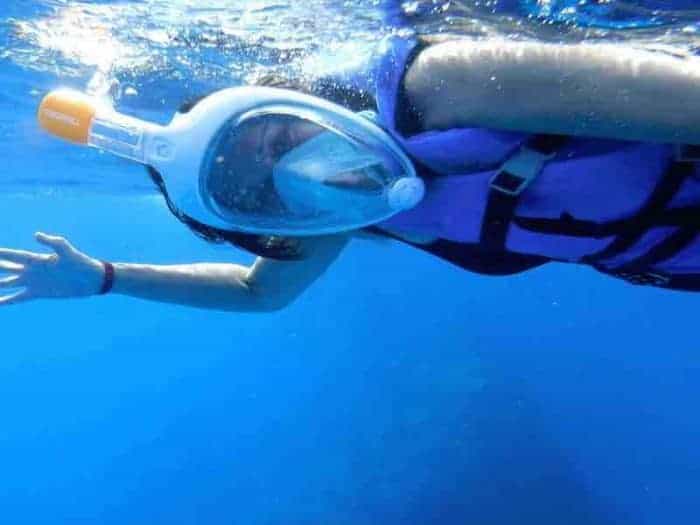 sue campbell and full face snorkel mask