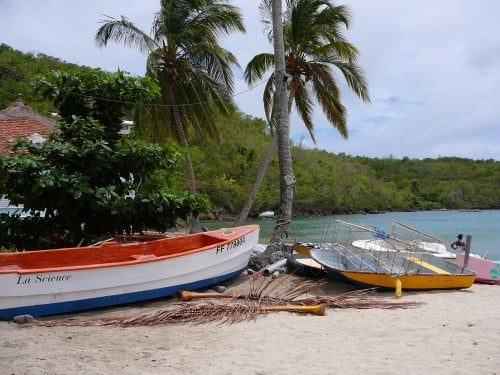 Fishing boats at Anses-D'Arlet beach in Martinique. 