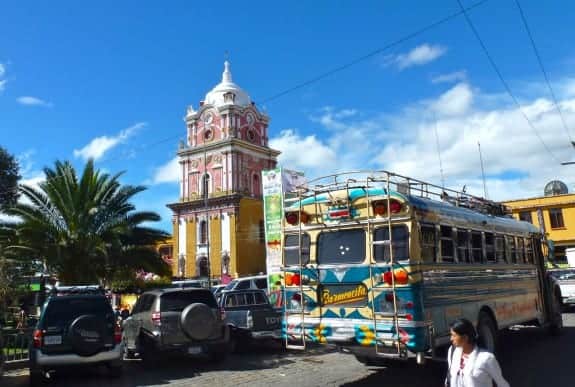 A brightly painted school bus known as a "Chicken bus" in Solola Guatemala