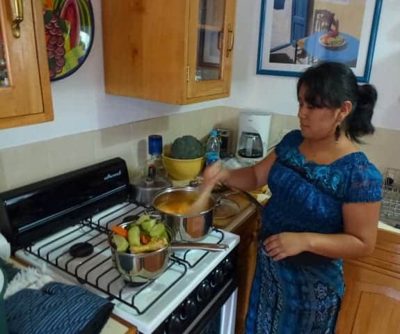 Young woman in Mayan dress cooking pulique chicken stew on a stove. 