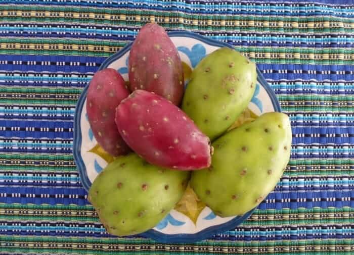 Green and red prickly pear cactus fruit from Oaxaca. 