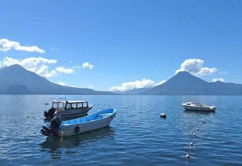 View of boats on Lake Atitlan in Guatemala.
