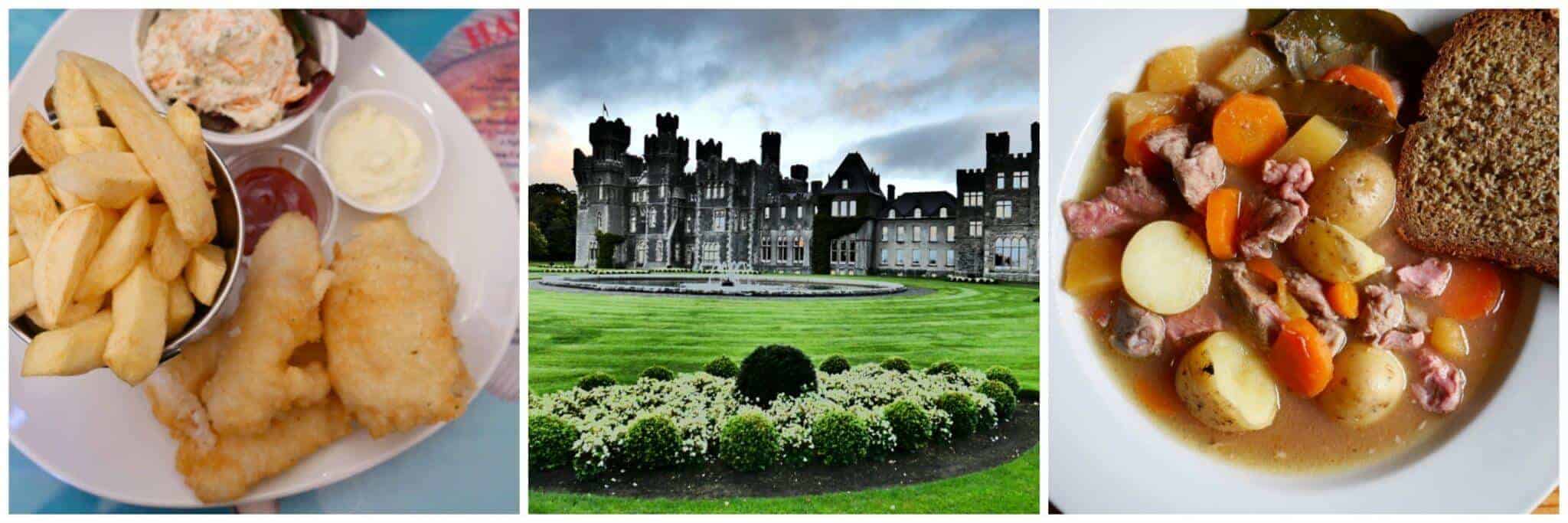 Collage of fish and chips, Ashford Castle and Irish stew. 