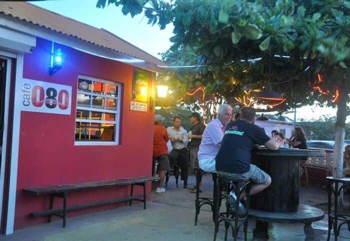 Terrace at Cafe Bar 080 Aruba at dusk.