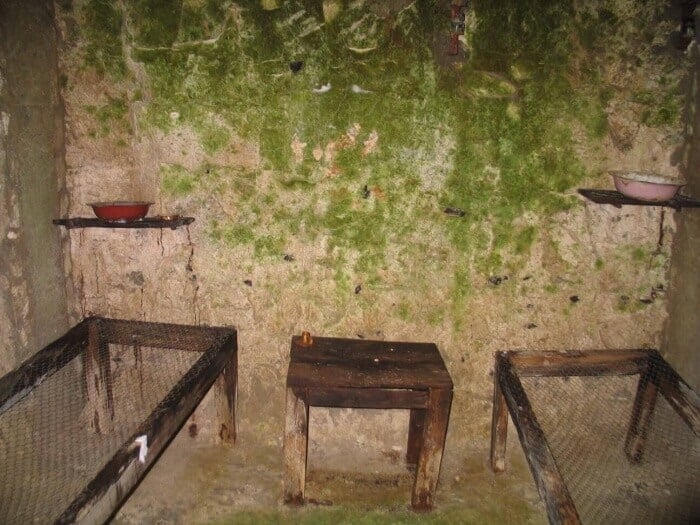 Wooden bed frames in a sleeping tunnel at Vimy Ridge France