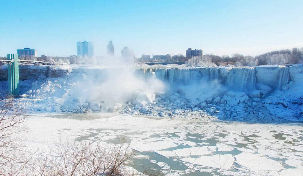 View of the American Falls from Niagara Falls in winter.