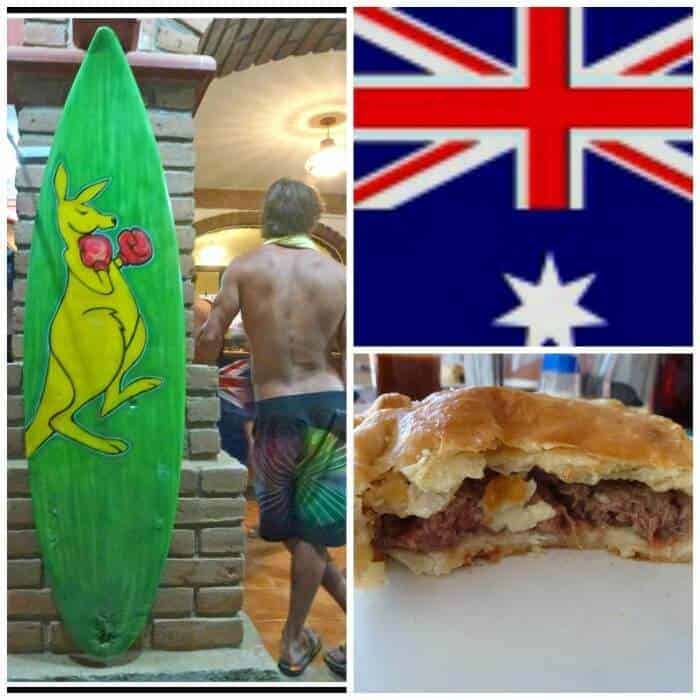 Collage of an aussie meat pie, a surfer and the Australian flag for Australia Day in Puerto Escondido.