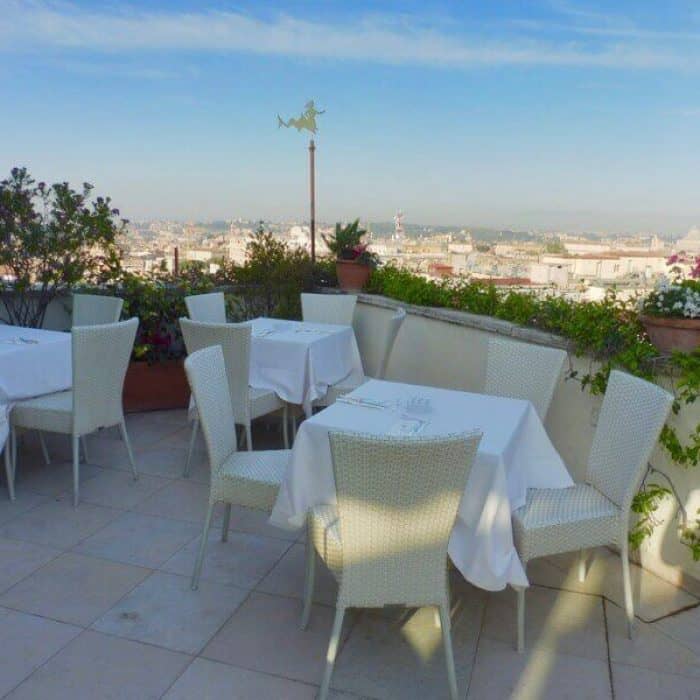 Outdoor patio at Bettoja Mediterraneo Hotel in the Termini area of Rome.