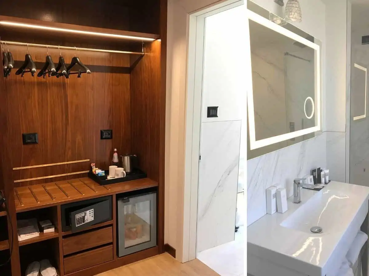 Collage of a walk-in closet and marble bathroom at the Bettoja Hotel in Rome.