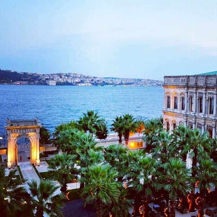 View of the outdoor lounge at Ciragan Palace Kempinski Istanbul. 