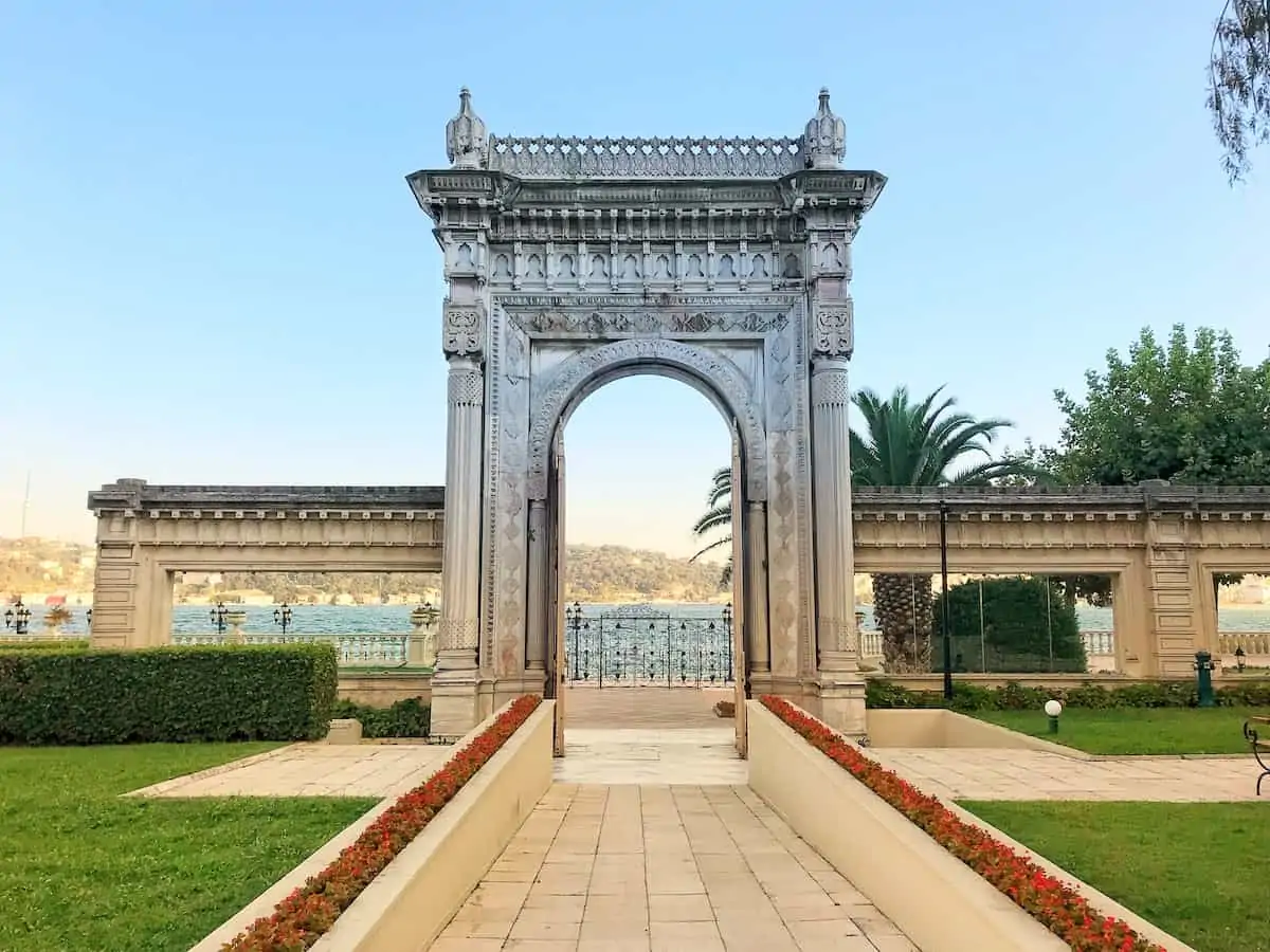 The monumental historic gate opening to the Bosphorus at Ciragan Palace.