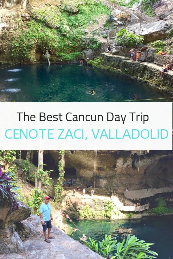 One of the best day trips from Cancun or Tulum Mexico is a visit to Cenote Zaci in Valladolid, just two hours away. This incredible swimming hole is jaw-dropping and beautiful, guaranteed to be one of the most memorable natural wonders you'll ever see. #cancun #Mexico