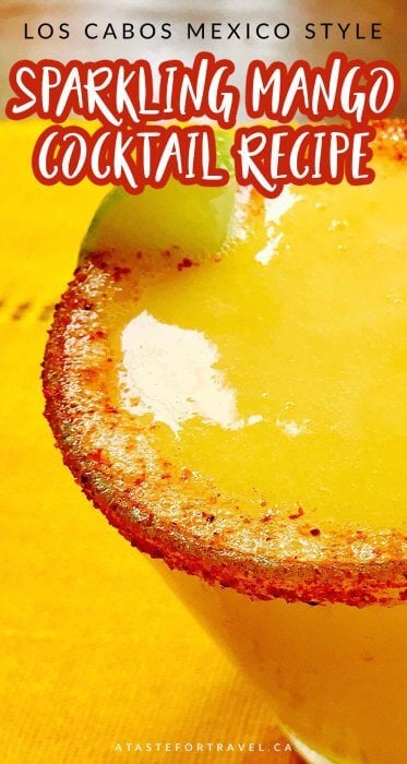 This sparkling mango cocktail celebrates the spirit of Los Cabos Mexico with its refreshing mix of ripe fruit and lemonade with a splash of tequila, vodka or mezcal #cocktail #mango