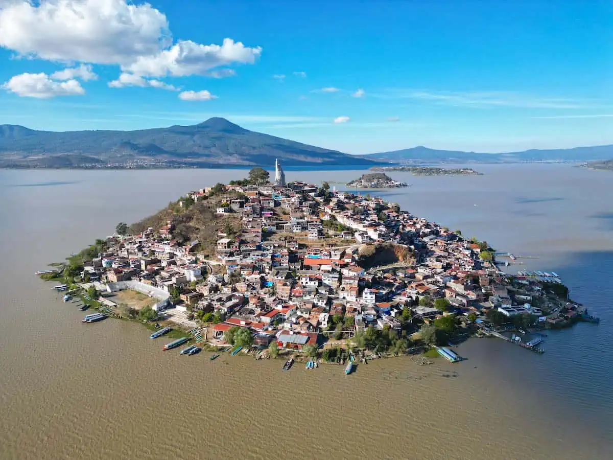 Aerial view of the island of Janitzio in Michoacan.