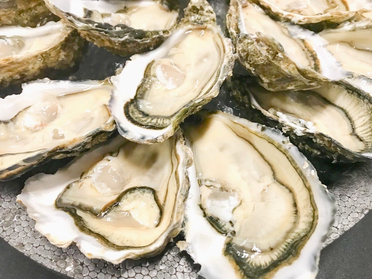 A platter of raw oysters on the half shell.