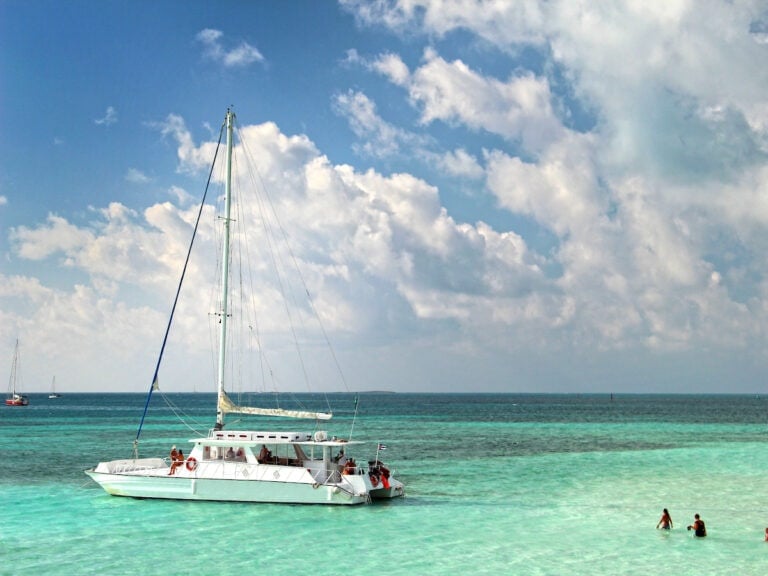 A couple on a romantic catamaran tour.