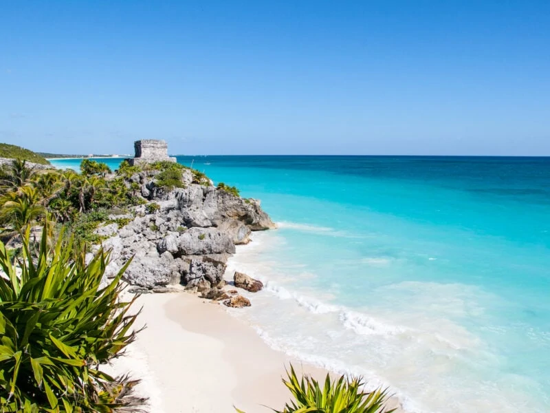 View of archeological ruins in Tulum Mexico.
