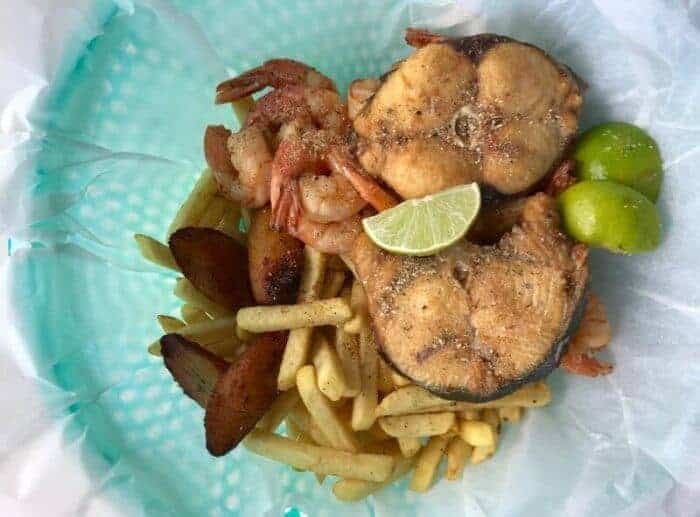 Basket of wahoo fish and shrimp at Zeeerovers Aruba