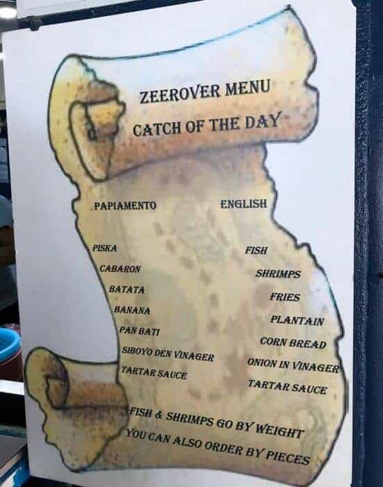 Zeerovers Aruba Menu