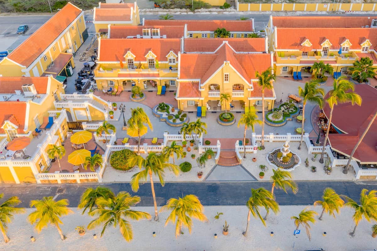 Aerial view of the Amsterdam Manor Beach Resort a boutique hotel in Aruba.