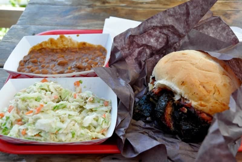 Muddy's Pit BBQ coleslaw, brisket and beans