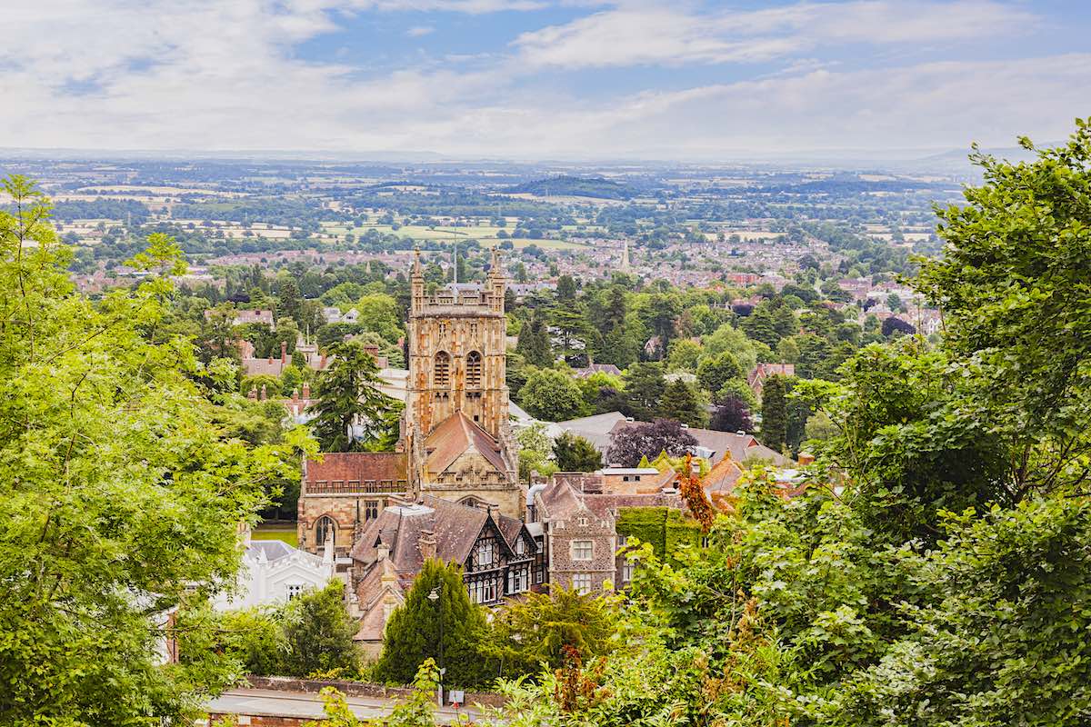 View of Great Malvern priory in Great Malvern, UK.