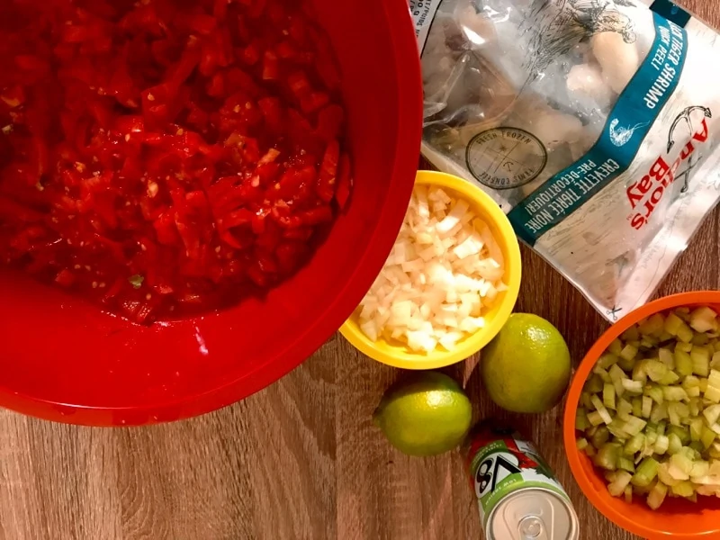 Ingredients for shrimp ceviche chapin include fresh tomatoes, onion, lime juice, V-8, shrimp, cilantro and Worcestershire sauce.