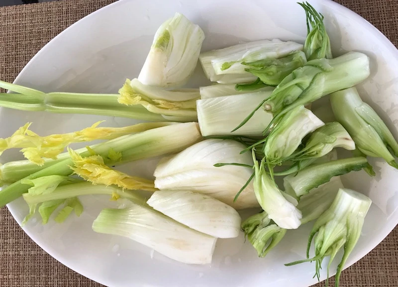 white platter of fennel, celery and chicory.