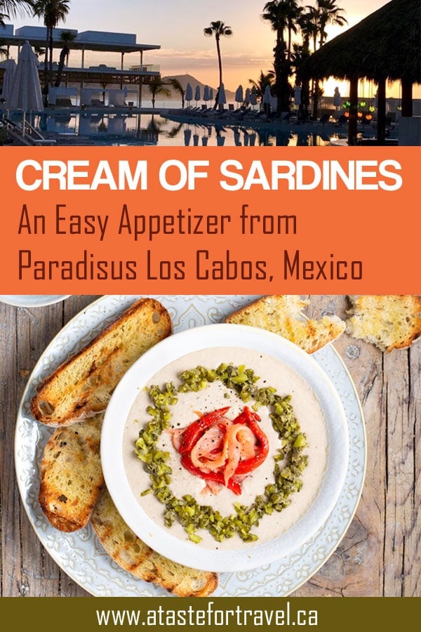 Canned sardines go upscale in this easy Cream of Sardines recipe, created by celebrated Basque Chef Martin Berasategui for Gastro Bar by MB, at Paradisus Los Cabos Resort in Mexico. Try it for a luscious party appetizer, budget game day food or tasty snack #budget #sardinesrecipescanned #tapas #gamedayfood