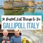 Collage of things to do in Gallipoli Italy including a castle, wine tasting and regional cuisine.