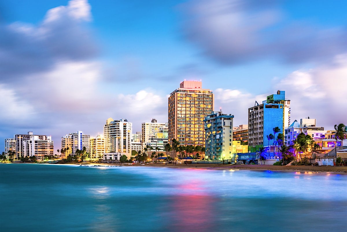 Evening view of San Juan, Puerto Rico skyline on Condado Beach. 