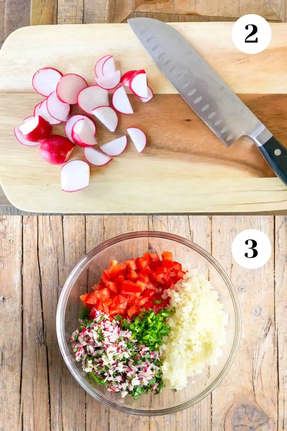 Collage of slicing radishes and other chopped vegetables in a bowl for shredded beef salad.