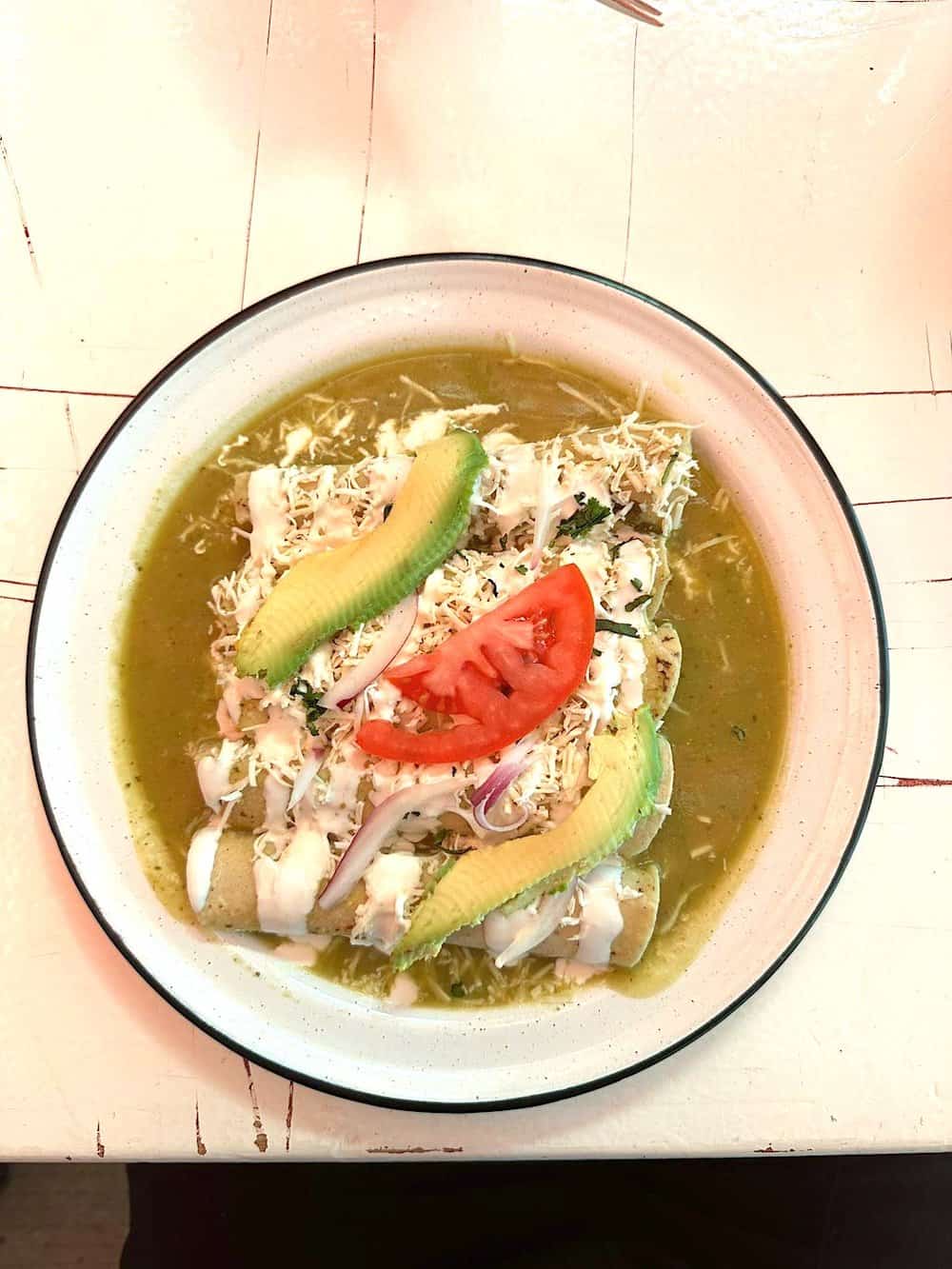 Enchiladas verdes at Dulti restaurant, a popular place for breakfast in Puerto Escondido.