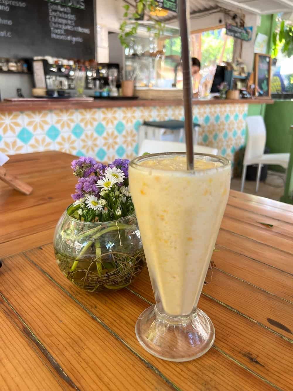 Mango smoothie in a garden