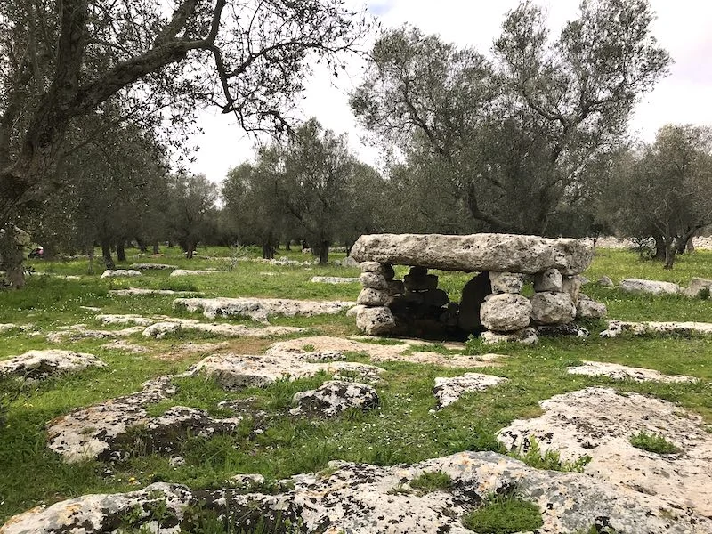 Standing stones and structures of Dolmen di Scusi near Minervino di Lecce in Puglia, Italy.