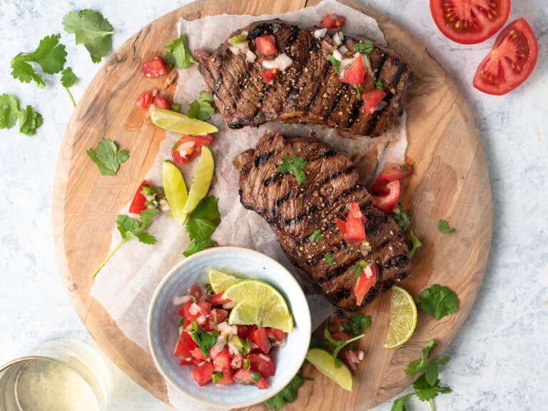 Grilled steak marinated in beer with salsa fresca.