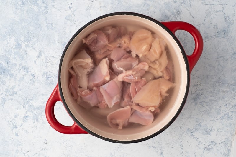 Pieces of chicken cooking in a red pot filled with water. 