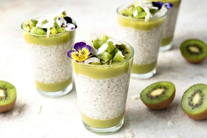 Kiwi Coconut and Chia Pudding with pieces of kiwi. 