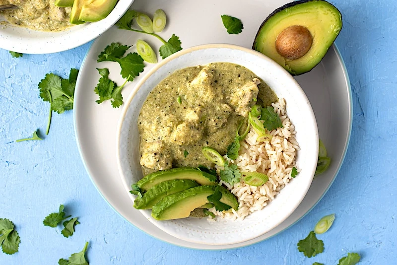 Pollo en Jocon of Guatemala in a white bowl. 