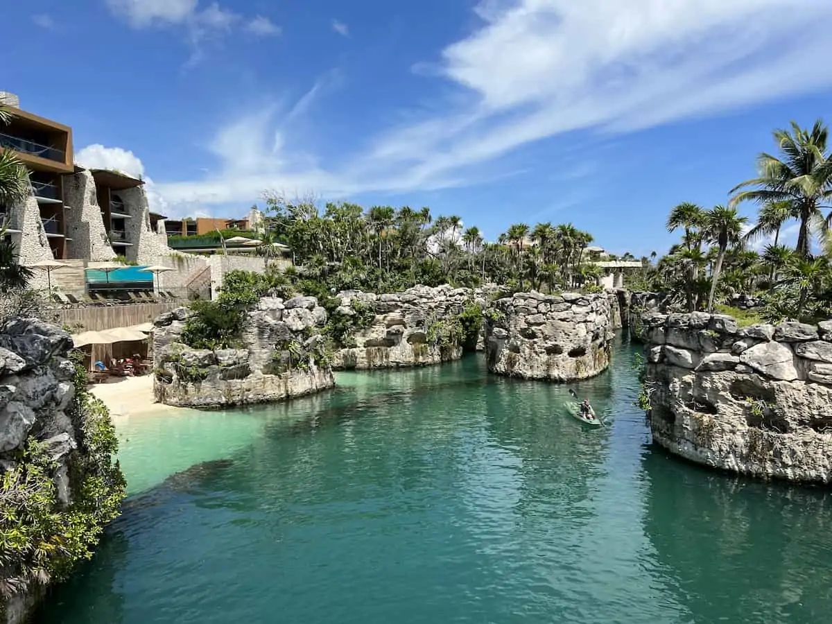 Person kayaking through the coves and islands at Hotel Xcaret and Hotel Xcaret Arte in Mexico.