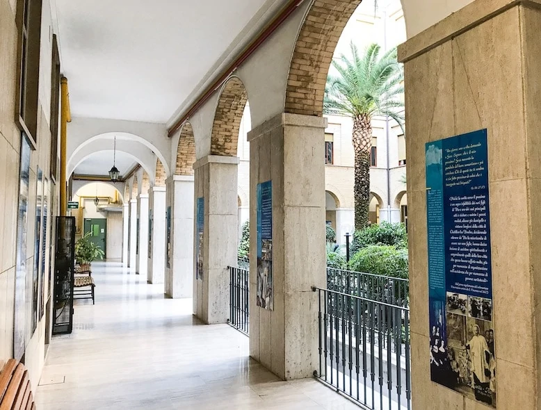 Hallway and courtyard of Casa Maria Immacolata convent near the Vatican in Rome. 