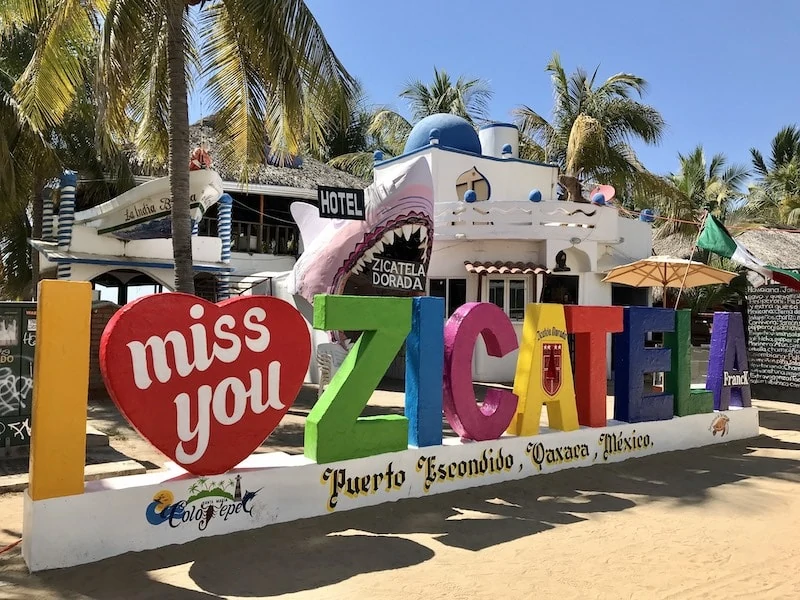 Sign for Zicatela Beach, one of the most popular beaches in Puerto Escondido