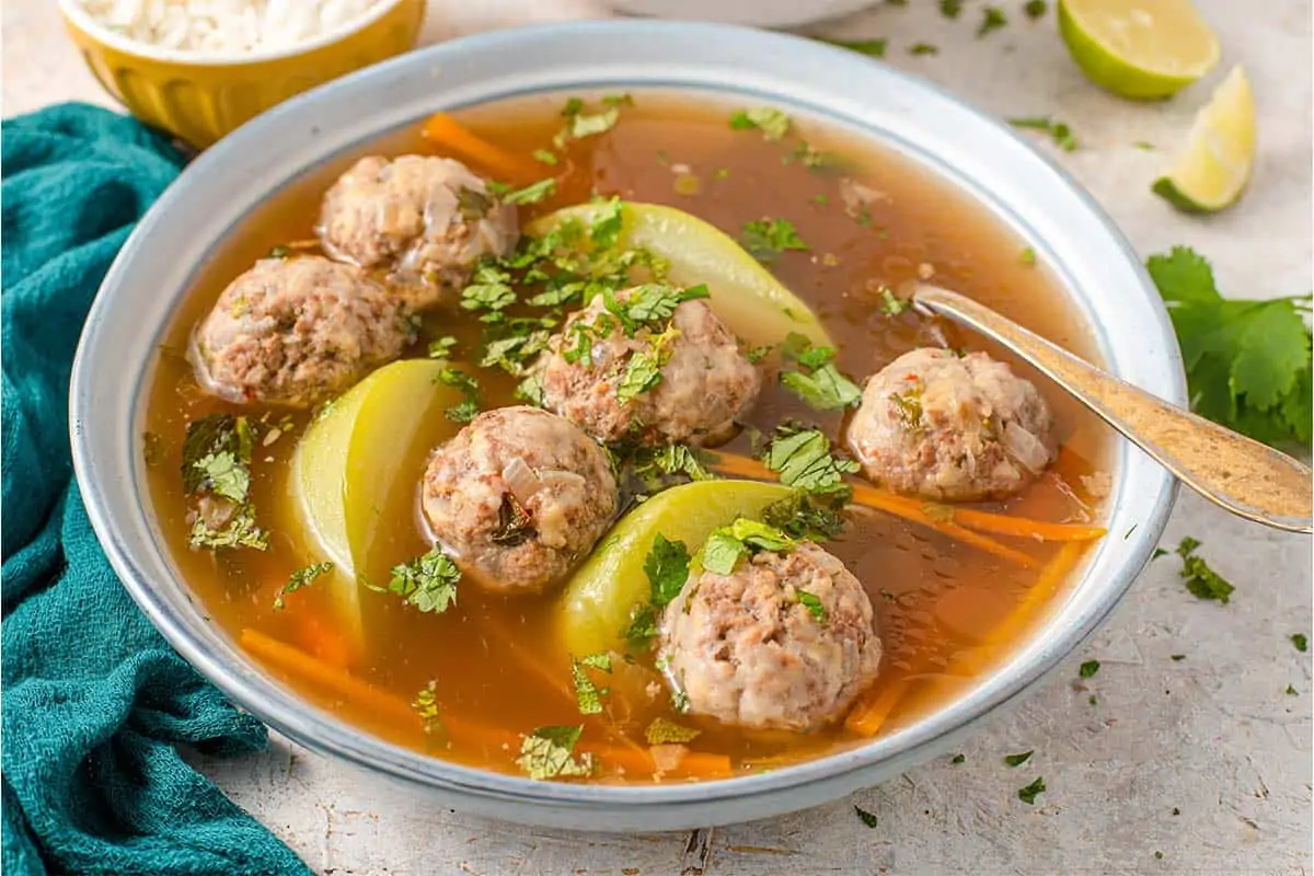 Typical Guatemalan food of Sopa de Albondigas in a bowl.