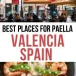 Collage of paella and a restaurant in Valencia Spain at night.