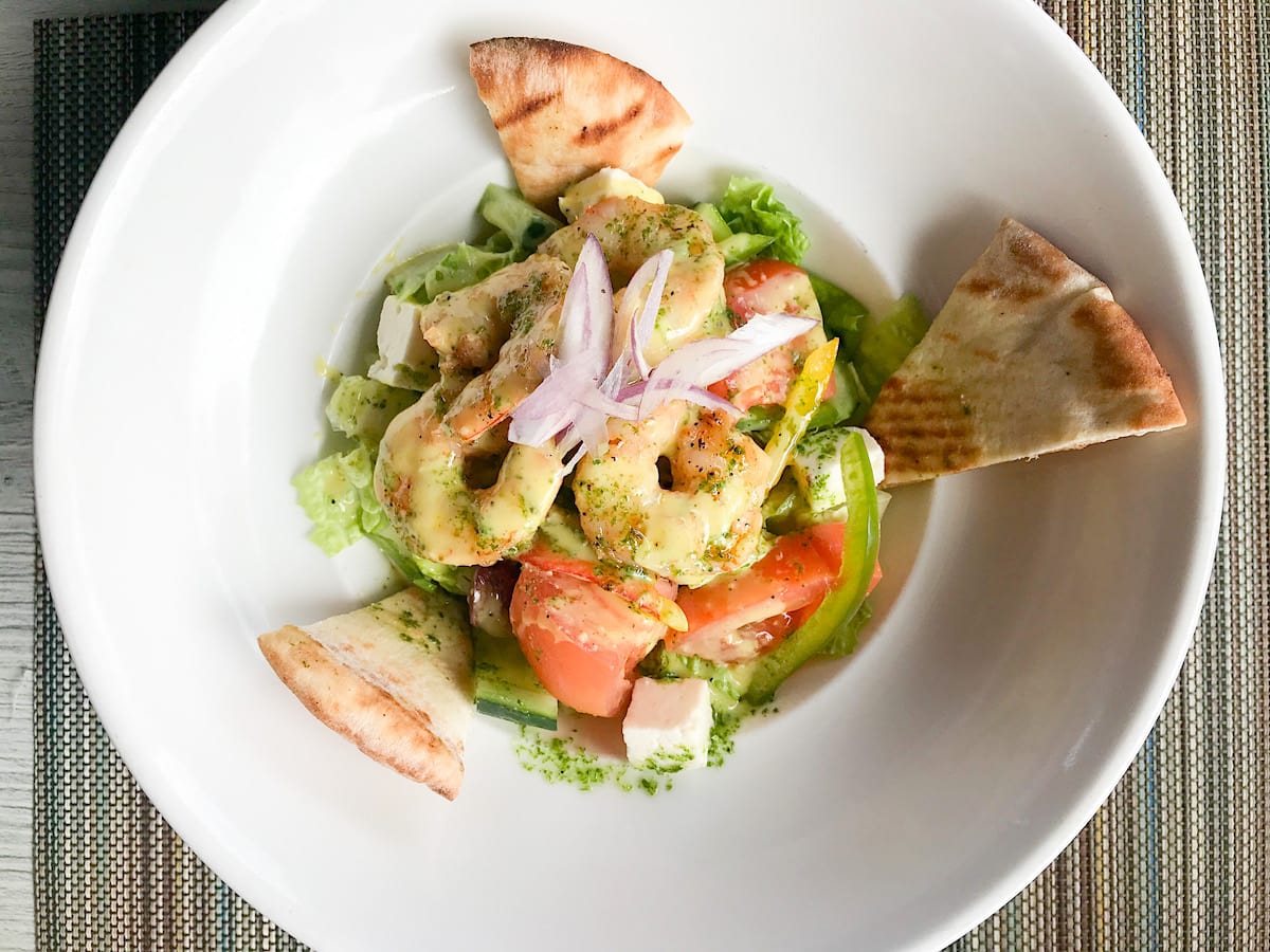 Greek salad with jumbo shrimp at Neptune's at Sandals Grenada. 