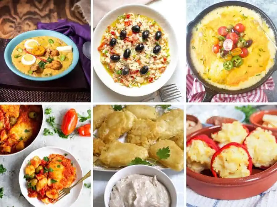 A collage of six dishes for recipes that can be made with salted cod.
