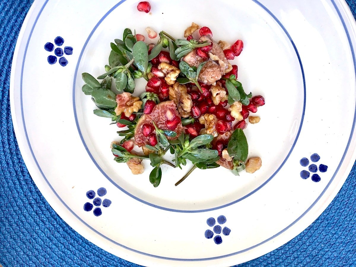 Purslane Salad with Pomegranate, Fig, Walnut + Quince