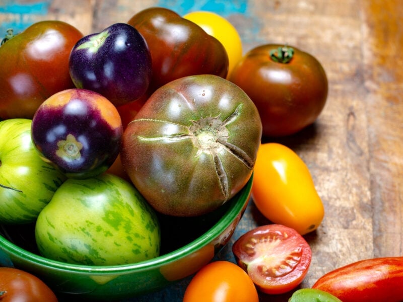 Multicolored assortment of French fresh ripe tomatoes in green bowl on blue wooden table