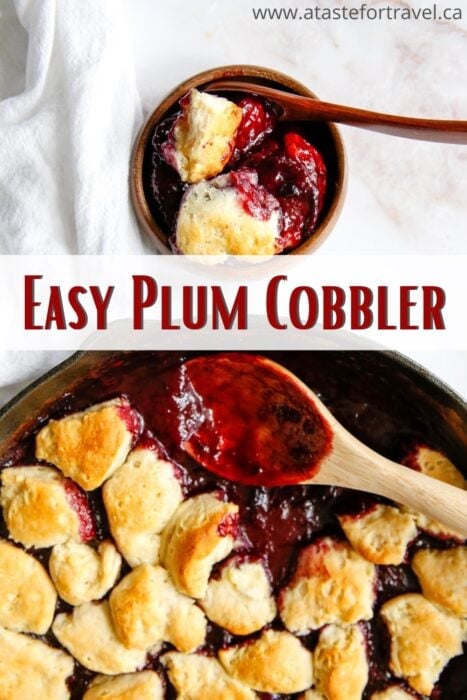 Gluten-free Plum Cobbler in a skillet with Pinterest text overlay 